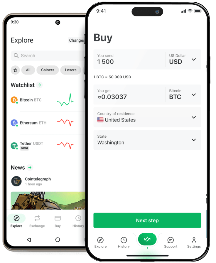 Smartphone-Bildschirm mit typischem Kaufablauf einer Krypto-App mit Coin-Auswahl und Betragseingabe